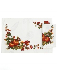 A cornucopia of fall, Harvest Medley placemats feature a lavish leaf and pumpkin print with elegant damask detail. (Clearance)