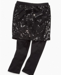 Two-in-one. A flashy sequin skirt over comfy, stretchy leggings makes these skeggings from Beautees perfect for pulling on before she runs out the door.