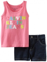 Calvin Klein Baby-girls Infant Top With Denim Short, Pink, 24 Months