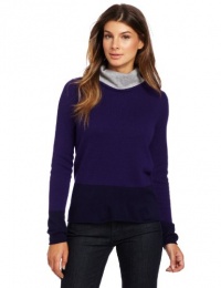 Magaschoni Women's 100% Cashmere Color Block Turtleneck Sweater, Plum Wine/Ink/Light Silver Mouline, Small