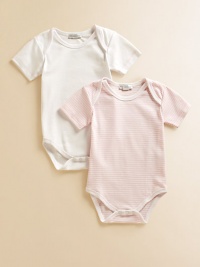 Comfy baby basics in soft cotton knit, offering one striped and one solid design.Envelope shoulders for easy on and off Short sleeves Snap bottom Cotton; machine wash Imported