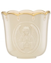 Add a glow to your home with this votive candle holder from Lenox, featuring an embossed angel with her hands clasped in prayer. With scalloped gold trim.