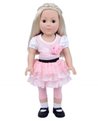 Give her a partner to be pretty in pink with. This Madame Alexander doll wears a pink tiered sparkly dress, white tee and pink leggings for a classic frilly look that your princess is sure to love.