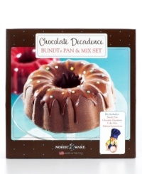 Everything you need to savor the deep, dark flavor of the chocolate decadence cake is in one box.  Simply prepare the mix in the nonstick bundt pan and indulge in a deeply sinful cake cooked to perfection by the heavy cast aluminum of the pan. 5-year warranty.