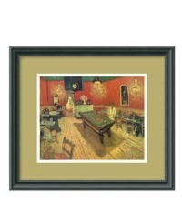 With warm brick, yellow and green tones, this renowned Vincent van Gogh print recreates the intimate ambiance of bohemian  Parisian night cafes of the twenties and thirties. A skillful example of Impressionism, the framed print lends chic, casual style to your decor.