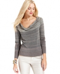 Snuggle into this easy petite sweater from DKNY Jeans, featuring allover metallic stripes on comfy cotton.