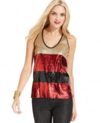 Turn up the shine in this colorblocked sequin top from DKNY Jeans.