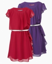 Beautiful flowing chiffon ruffle dress by Epic Threads is accented with shiny metallic adjustable belt.