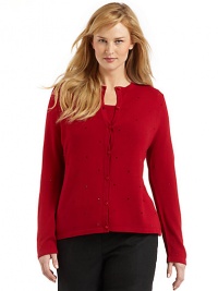 THE LOOKCardigan with long sleeves, buttonfront, banded trim and beaded details throughoutShell with short sleeves, banded trim and beaded details throughoutTHE FITCardigan: about 27 from shoulder to hemShell: about 25 from shoulder to hemTHE MATERIAL81% viscose/16% polyester/3% elastaneCARE & ORIGINHand washImported