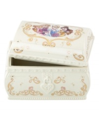 Make a little girl feel like the fairest of them all with the Disney Princesses jewelry box. A dreamy place to keep all her precious jewels, this porcelain treasure chest is graced with Disney characters Sleeping Beauty, Belle and Cinderella, plus scrolling gold ribbons and other familiar fairytale faces.