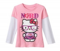 Hello Kitty Nerd Tee - Pink Glitter Graphic Toddler Girl HK Geek Mock Layer Long Sleeve Top (3T)