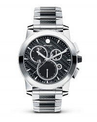 Movado's Vizio® chronograph watch has a striking architectural hinge-link bracelet in stainless steel/black carbon fiber. The solid stainless steel case has a tungsten carbide bezel. With a black carbon fiber dial and applied markers.