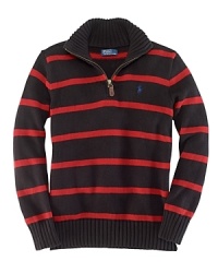 Wide, classic stripes in a soft, chunky cotton knit are boldly showcased in our timeless half-zip design.