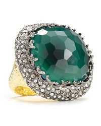 Twinkling crystals encrust a cushion cut quartz stone on this Alexis Bittar ring, finished in gold plated metal.