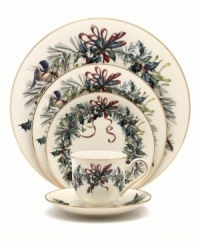 For nearly 150 years, Lenox has been renowned throughout the world as a premier designer and manufacturer of fine tableware. This year, begin a cherished holiday tradition with the festive Winter Greetings dinnerware collection. Its resplendent pattern of red and gold bows accented with sprigs of holly is fresh and lively on snowy white china, making your entertaining table a bountiful expression of holiday cheer. Winter Greetings 5-piece place settings include: 1 dinner plate, 1 salad plate, 1 bread and butter plate, 1 teacup and 1 saucer.