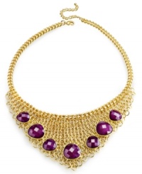 Cover you neckline with layered elegance with this bib necklace from Charter Club. Golden mesh provides a lovely backdrop for round-cut, berry-colored, plastic beads. Crafted in gold tone mixed metal. Approximate length: 16 inches + 3-inch extender. Approximate drop: 5 inches.