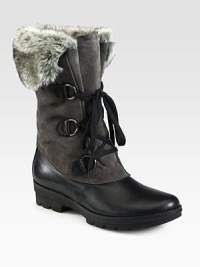 Extra soft rabbit fur tops this suede and leather boot, with contrasting laces and a durable rubber sole. Rubber heel, 1½ (40mm)Rubber platform, ¾ (20mm)Compares to a ¾ heel (20mm)Shaft, 9Leg circumference, 12Weatherproof suede and leather upper with faux fur trimFaux fur lining with removable sockSlip resistant rubber trek solePadded insoleMade in Italy