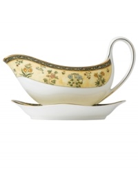 In 18th century England, Josiah Wedgwood, creator of the world famous Wedgwood ceramic ware, established a tradition of outstanding craftsmanship and artistry which continues today. The exotic India dinnerware pattern presents a pattern of exquisitely detailed, diminutive florals on a yellow and deep blue band against pure white bone china.