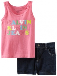 Calvin Klein Girls 2-6X Tee With Denim Short, Pink, 4T