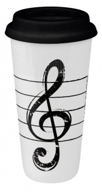 Konitz Treble Clef On White 12-Ounce Travel Mugs and Silicon Lid, Assorted Colors, Set of 2