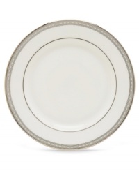 Metropolitan sensibility and modern design combine in this understated white bone china from Lenox's collection of dinnerware and dishes. Platinum gild along the edge is enhanced by a clean, platinum geometric pattern reminiscent of architectural details. Accent plates feature the geometric pattern along the interior verge, with a thin platinum band along the outer rim.