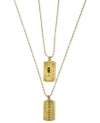 Peace and Love. This double-drop pendant necklace from RACHEL Rachel Roy features two dog-tag inspired charms with Choose Love and Peace engravings. Finished with subtle glass accents. Crafted in worn gold tone mixed metal. Approximate length: 21-1/2 inches. Approximate drop: 1-1/4 inches.