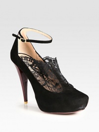 A trend-forward ankle strap tops this distinct suede pump, with romantic floral lace and a luminous patent heel. Patent leather-covered heel, 4¾ (120mm)Hidden platform, 1 (25mm)Compares to a 3¾ heel (95mm)Suede and stretch lace upperAdjustable ankle strapLeather lining and solePadded insoleMade in Italy