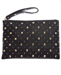 Soiree season is here. So accent your evening attire with a downtown edge, like this urban cool clutch from Steve Madden. Detailed with a smattering of gleaming studs, it's sized-right for all your out-all-night essentials.