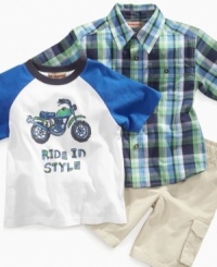 Road trip! He'll be ready to head out on the highway in this 3-piece fun t-shirt, plaid shirt and short set from Kids Headquarters.