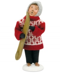 He's graduated from the bunny slopes and now this snowboarder, clad in a can't-miss Christmas sweater, stands in awe of the snow-capped mountains around him. The perfect Byers' Choice figurine for ski- and snowboarding families!