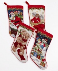 Embrace a beautiful tradition with needlepoint Christmas stockings. Stitched holiday motifs adorn the front from heel to toe, reversing to solid red velvet.