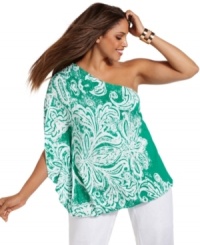 Add instant flair to any outfit with INC's one-shoulder plus size top, featuring an embellished print.