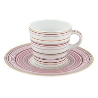 Inspired by Milleraies, Raynaud's spearhead tableware set, Attraction boasts a freer, more modern design with alternating narrow and wide stripes. It will embellish any table with its shades of pink and red, enhanced with mauve and orange and underscored subtle shades of green and brown.