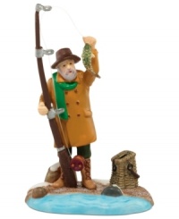 A fisherman gets a nibble just in time; a perfect figurine to coordinate with any country building from the Dickens' Village from Department 56. Crafted of hand-painted porcelain.