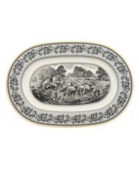 Depicting a classic pastoral scene in premium porcelain, this Audun oval platter coordinates beautifully with the entire Audun country dinnerware collection from Villeroy & Boch. With a floral border and pale yellow trim.