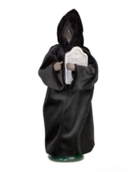 The future is grim for Ebenezer Scrooge, if he doesn't change his miserly ways. With his tombstone in-hand, this Spirit of Christmas Future figurine is a stern warning for grumbling holiday haters.