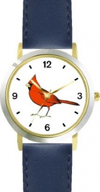 Cardinal Bird Animal - WATCHBUDDY® DELUXE TWO-TONE THEME WATCH - Arabic Numbers - Blue Leather Strap-Size-Large ( Men's Size or Jumbo Women's Size )