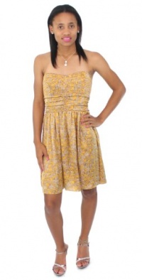 Bar III Dress, Strapless Sweetheart Printed Ruched A Line Bright Gold Combo Large