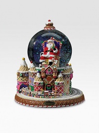 A delightful addition to your holiday decor, this cheerful design shows Santa amidst castles of sweet treats and plays the tune We Wish You A Merry Christmas.Hand-made, hand-paintedGlass and resinAbout 8W X 8H X 4.7 globe diameterMade in Poland