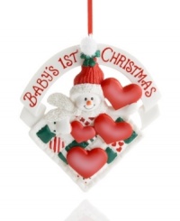 An adorable snowman commemorates baby's first Christmas with love in this heart-filled ornament from Kurt Adler. A great gift for growing families!