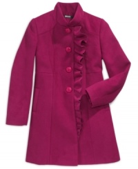 Stand out and stand up to the cold in the lovely fashion of these warm coats from DKNY, featuring a ruffle down the placket to make it unique.