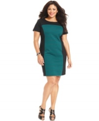 Look striking in stripes with Spense's short sleeve plus size dress, crafted from a ponte knit.