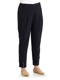 THE LOOKSport pant styling in a draped woven fabricWaistband with elasticized side knit insets and snap closeZip flyFront yokeAngled front pocketsSoft front pleatsBack patch pocketsEasy legWide, smocked snap cuffsTHE FITRise, about 10½Inseam, about 30THE MATERIAL95% polyester/5% elastaneCARE & ORIGINHand washImported