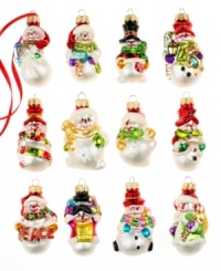 Too cute. Twelve mini snowmen ornaments, unique in their own way, spread bright cheer and happinesss to every branch in your Christmas tree.