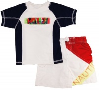 Nautica Boys sizes 2-4T White Print Rash Guard Swimwear Top With Shorts 2 Pc Set