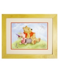 The picture of happiness, Sunny Day Smiles by Mark Cote captures a perfect moment between Disney's Winnie the Pooh and Piglet. A trail of Swarovski crystals follows a dragonfly that's caught their attention, sparkling amid vibrant watercolors.