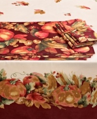 Feast your eyes on Plentiful Harvest. Fresh picks in fall colors pile up on casual table linens to set the scene all season. A tablecloth, placemats and napkins bundled together make entertaining a fuss-free affair. (Clearance)