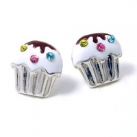 Juicy Inspired 1/2'' Flat Silver Cupcake Stud Earrings with Sparkling Rainbow Crystals