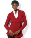 Lauren Ralph Lauren's double-breasted petite cardigan with an elegantly draped shawl collar creates a flattering silhouette that fastens at the waist with a Lauren Ralph Lauren button.