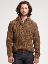 Handsome and hearty in a chunky cable knit, this heritage-infused shawl-collar sweater is crafted from a luxurious blend of wool, silk, alpaca and cashmere yarns.Shawl collarRibbed knit collar, cuffs and hem55% linen/45% cottonDry cleanImported